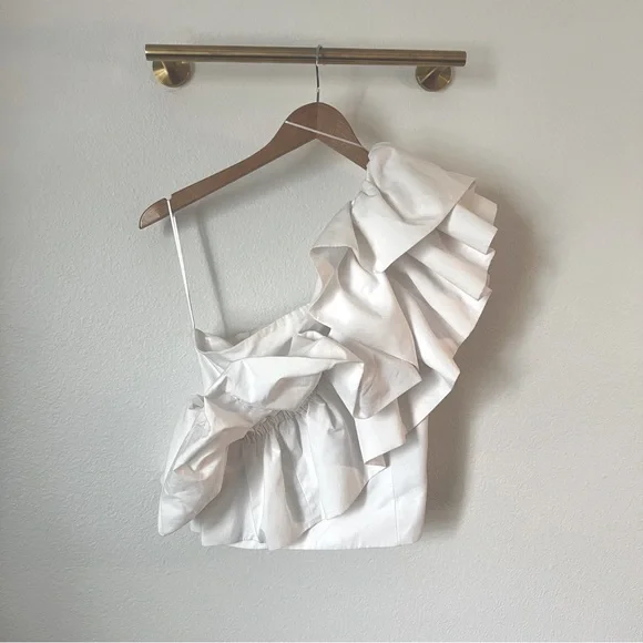 NWT Zara Blogger Fav Asymmetrical One Shoulder Poplin Ruffle Top White - Picture 12 of 16